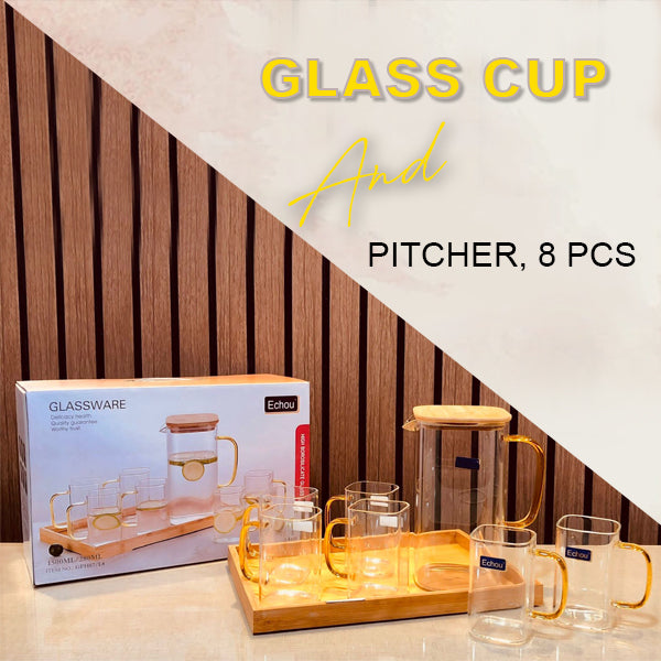 GLASS CUP AND PITCHER, 8 PCS