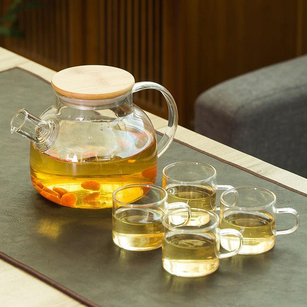 Glass Kettle with Cup Set and Wooden Tray for Tea